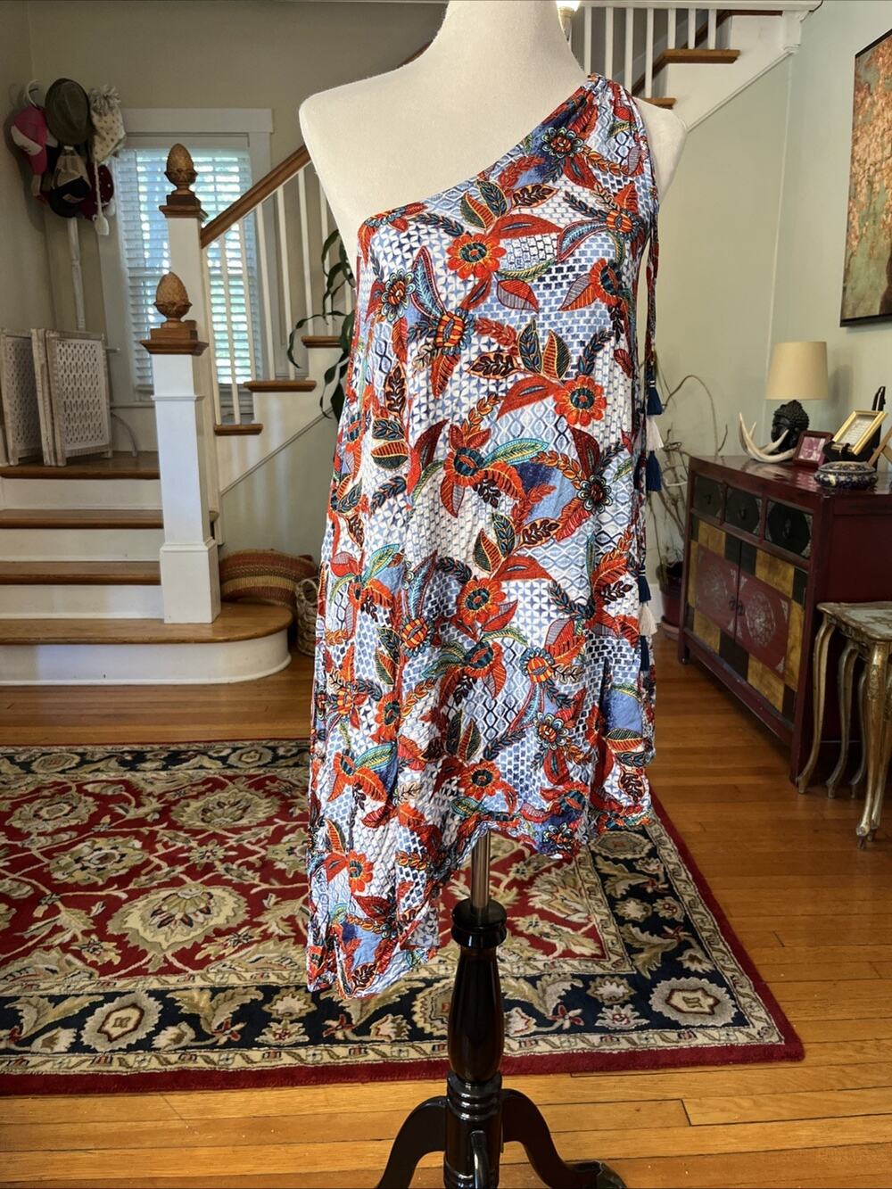 Red Carter One Shoulder Tassel Tunic Medium 8 Boho Beach Tropical Resort